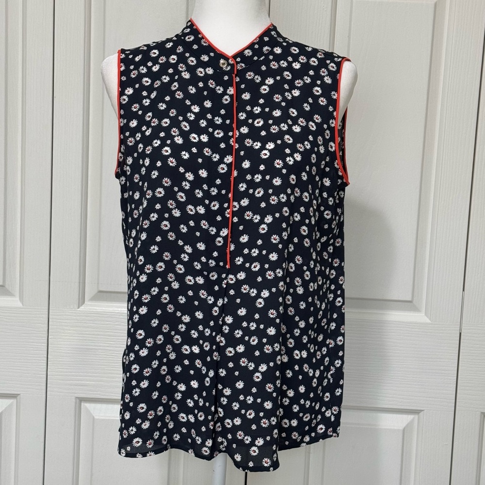 Tommy Hilfiger Daisy Print Sleeveless Tunic Top Navy Red Trim M